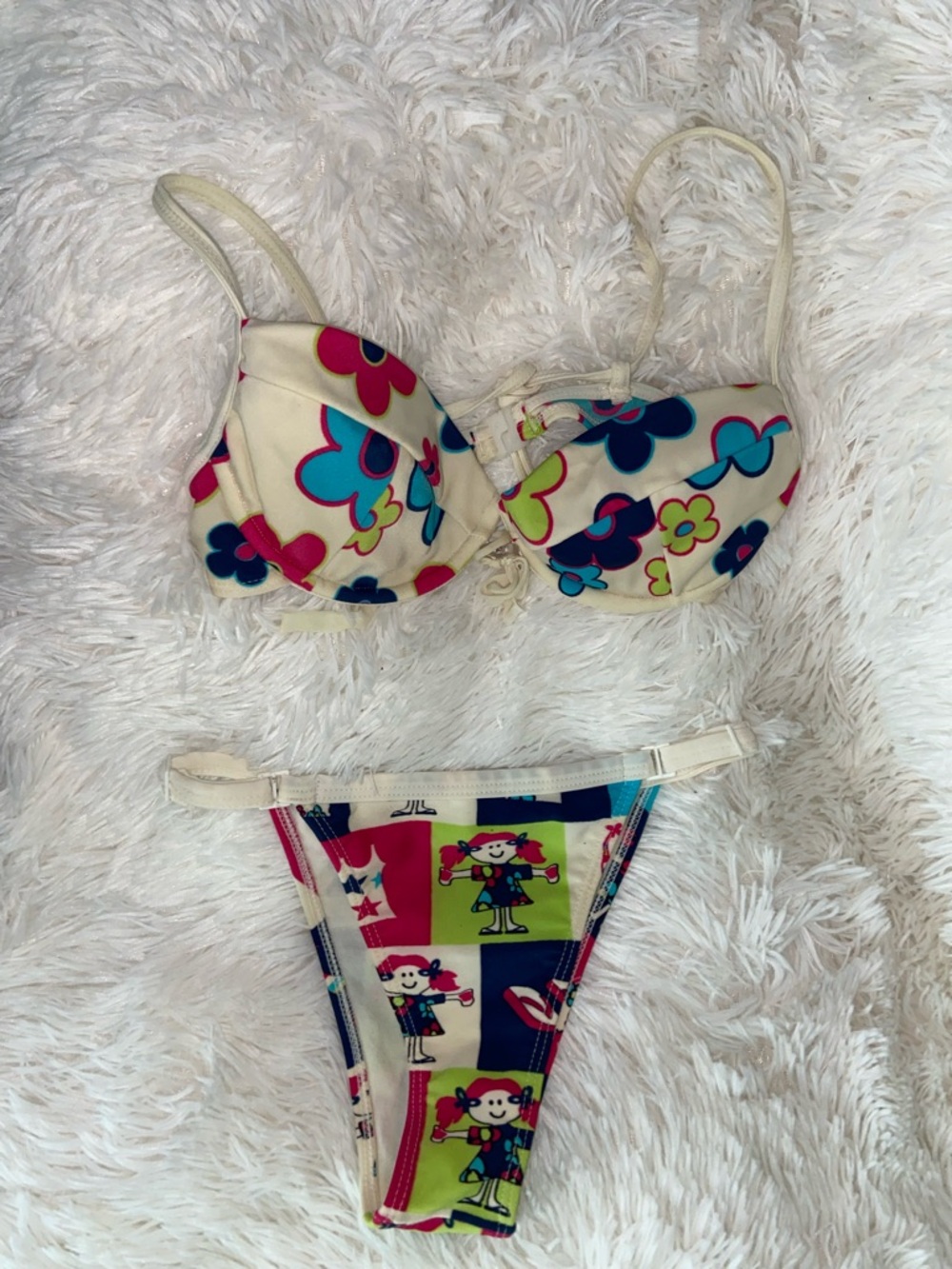 Women's Floral & Character Print Bikini Set - Cream with Pink & Blue
